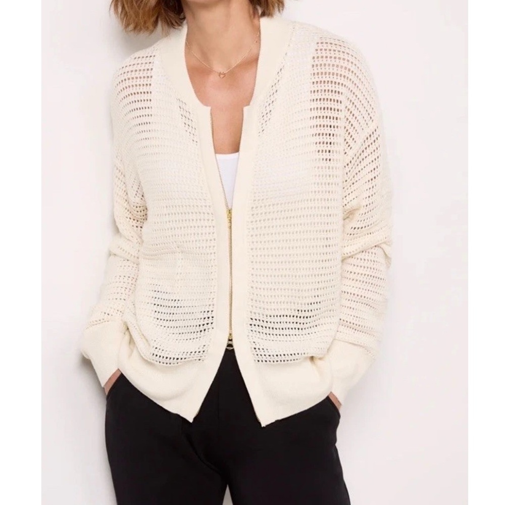 Varley Cream Open-Knit Zip Front Crew Cardigan